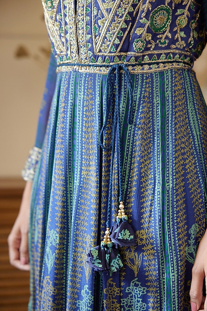 Royal Blue Block Printed & Embroidered Wedding Anarkali Set by Shyam Narayan Prasad at Pernia's Pop Up Shop
