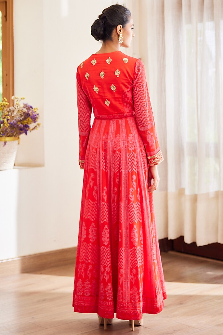 Red Block Printed Wedding Anarkali Set by Shyam Narayan Prasad at Pernia's Pop Up Shop