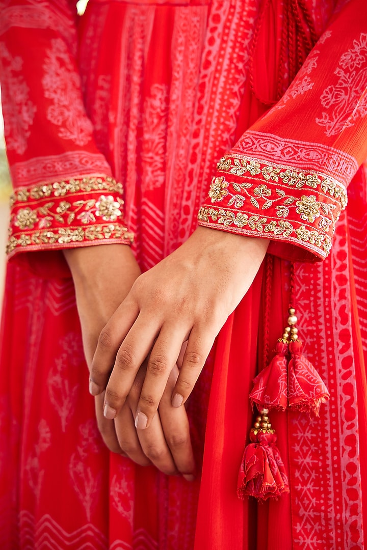 Red Block Printed Wedding Anarkali Set by Shyam Narayan Prasad at Pernia's Pop Up Shop