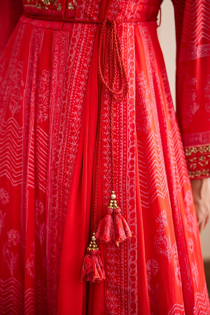 Red Block Printed Wedding Anarkali Set by Shyam Narayan Prasad at Pernia's Pop Up Shop