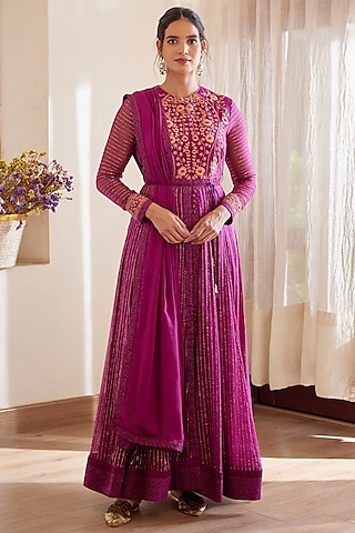 Wine Embroidered Anarkali Set by Shyam Narayan Prasad