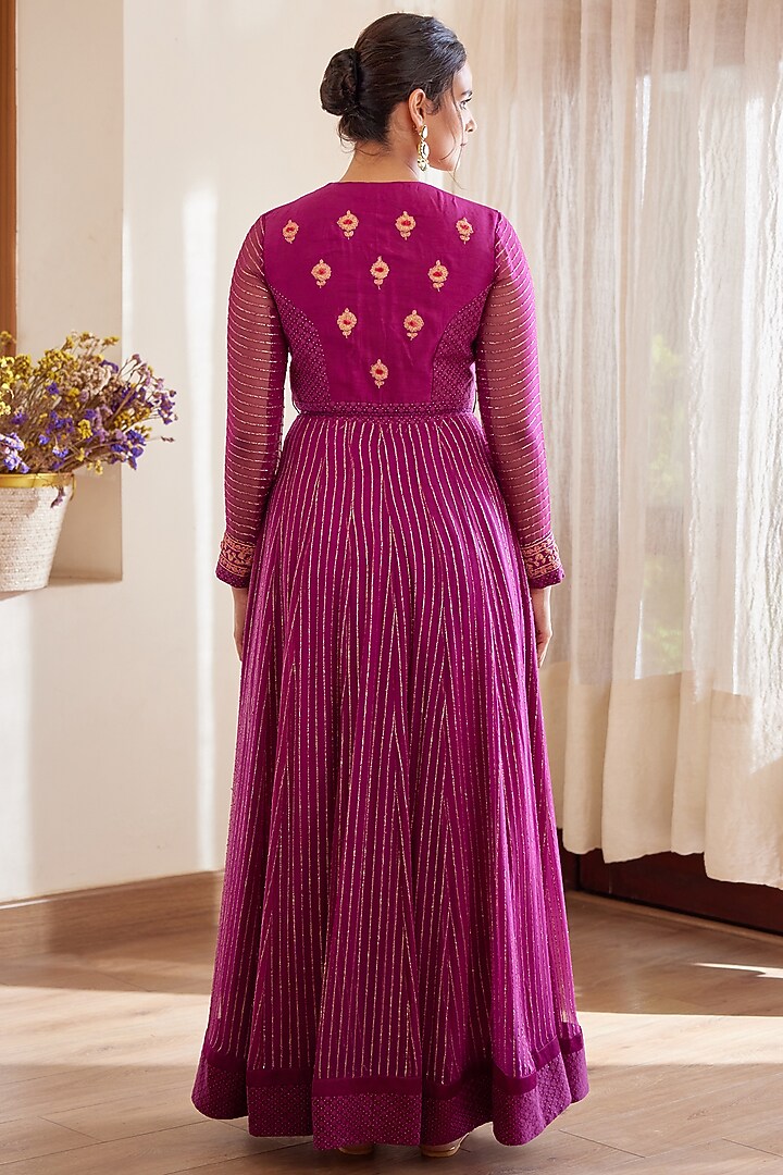 Wine Embroidered Party Wear Anarkali Set by Shyam Narayan Prasad at Pernia's Pop Up Shop
