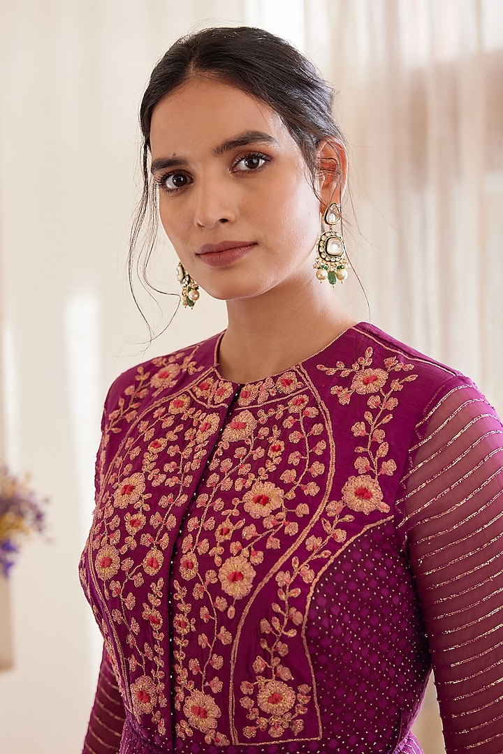 Wine Embroidered Party Wear Anarkali Set by Shyam Narayan Prasad at Pernia's Pop Up Shop