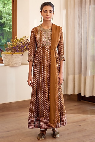 Brown Block Printed Anarkali Set by Shyam Narayan Prasad