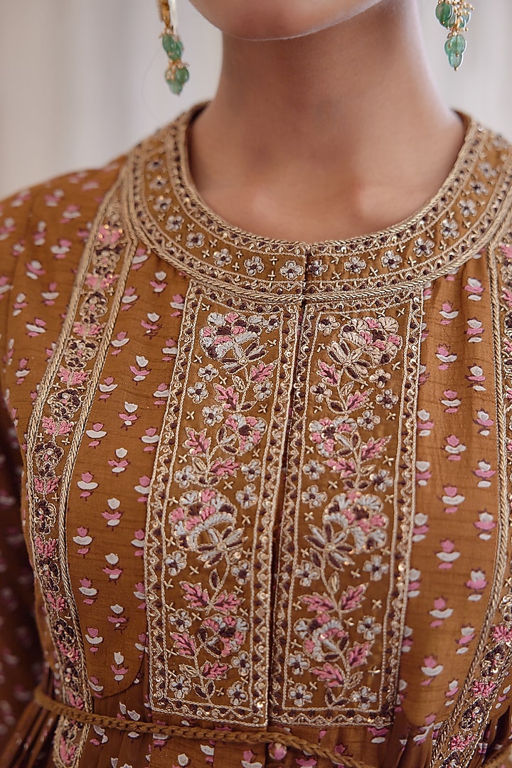Brown Block Printed Wedding Anarkali Set by Shyam Narayan Prasad at Pernia's Pop Up Shop