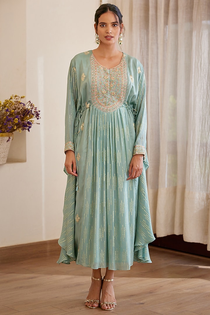 Smoke Blue Embroidered Kaftan by Shyam Narayan Prasad at Pernia's Pop Up Shop