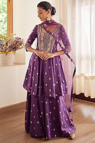 Wine Embroidered Sharara Set by Shyam Narayan Prasad