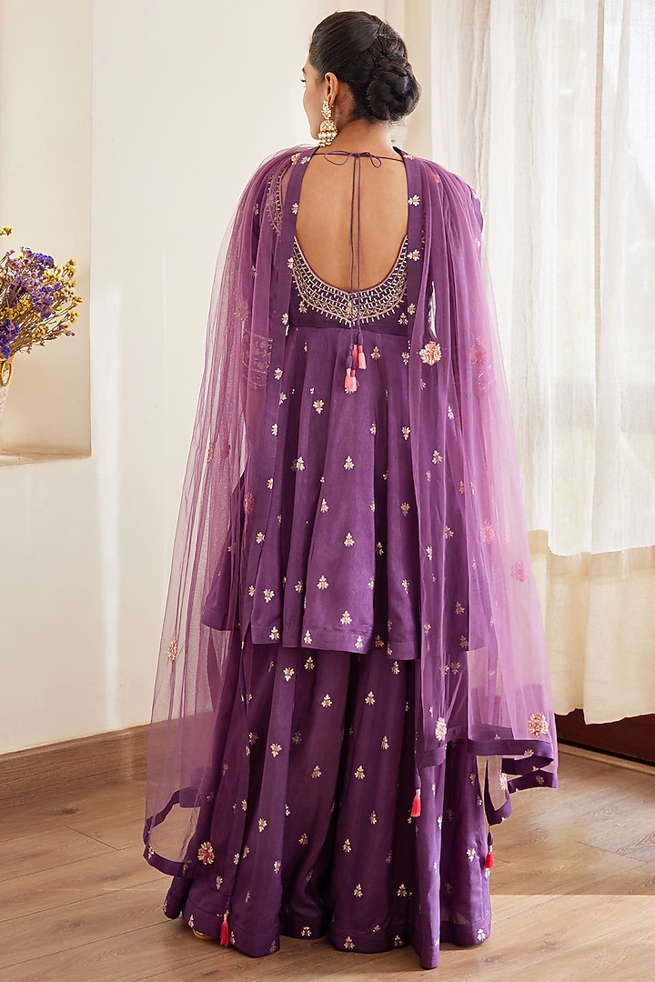 Wine Embroidered Wedding Sharara Set by Shyam Narayan Prasad at Pernia's Pop Up Shop