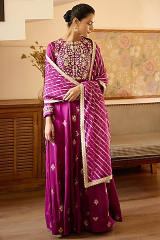 Wine Zardosi Embroidered Anarkali Set by Shyam Narayan Prasad