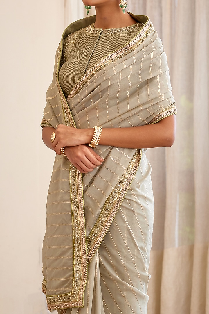 Fog Green Embroidered Wedding Saree Set by Shyam Narayan Prasad at Pernia's Pop Up Shop