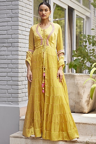 Light Yellow Embroidered Angrakha Anarkali Set by Shyam Narayan Prasad