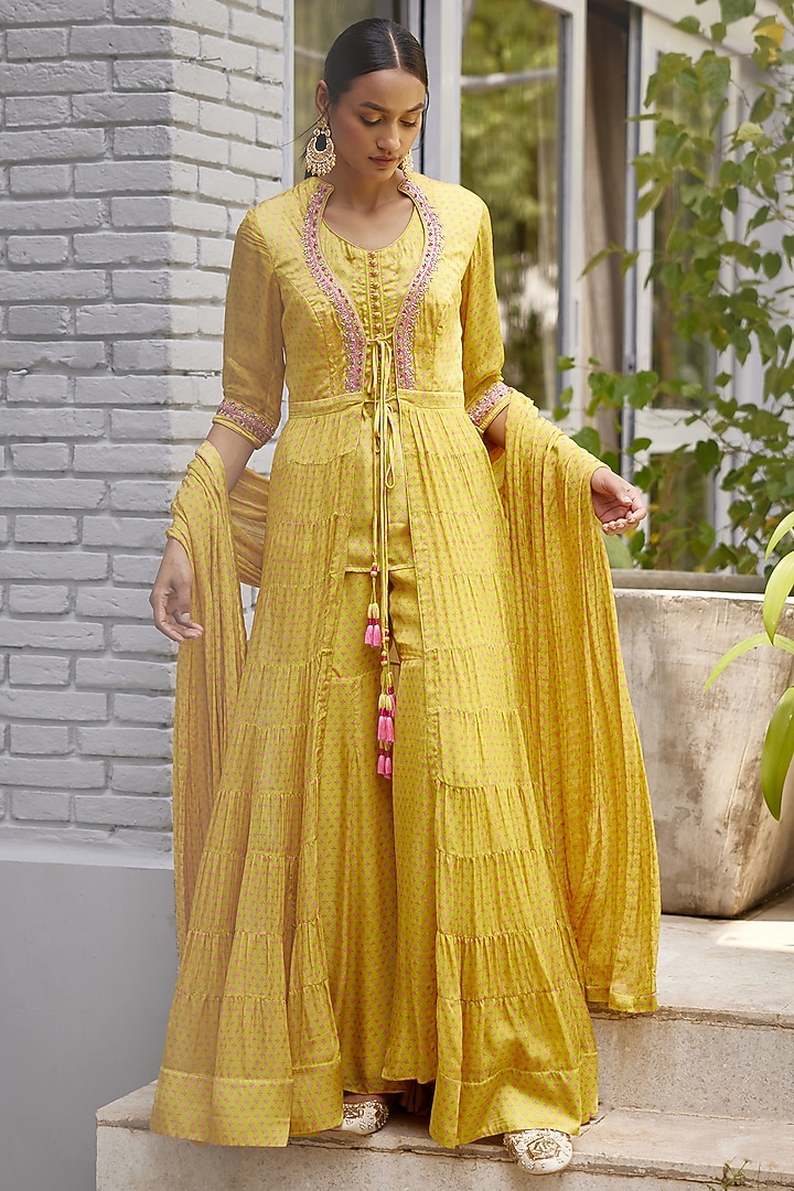 Light Yellow Embroidered Angrakha Wedding Anarkali Set by Shyam Narayan Prasad at Pernia's Pop Up Shop