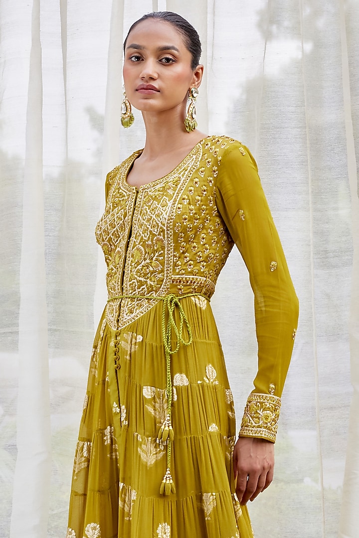Mehendi Green Embroidered Wedding Anarkali Set by Shyam Narayan Prasad at Pernia's Pop Up Shop
