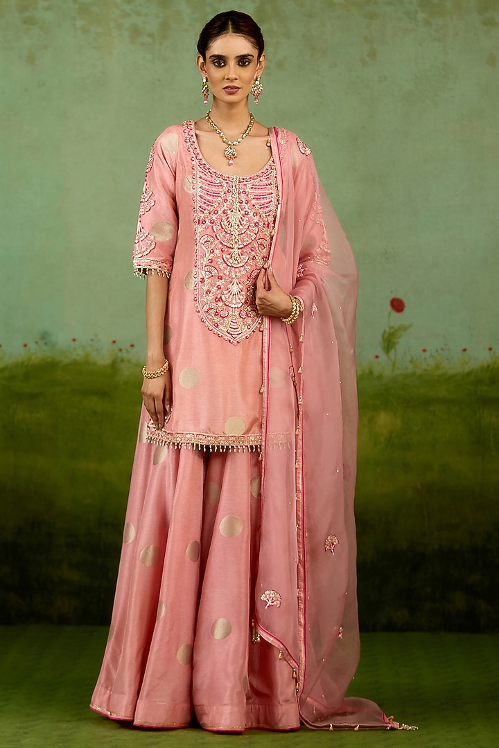 Coral Pink Silk Brocade Wedding Sharara Set by Shyam Narayan Prasad at Pernia's Pop Up Shop