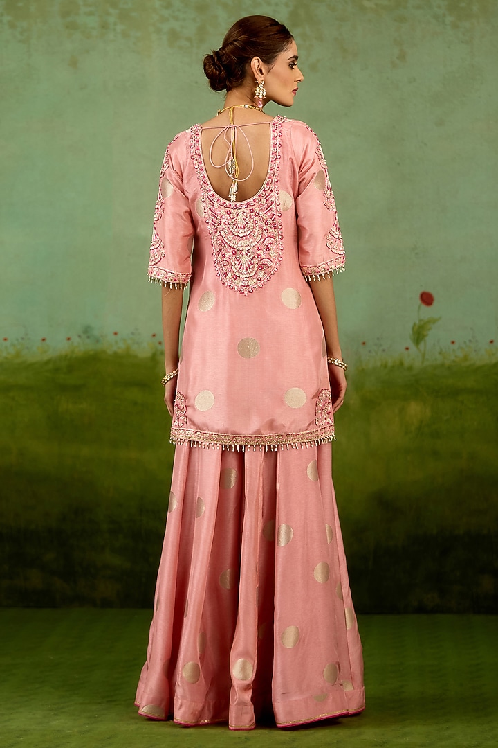 Coral Pink Silk Brocade Wedding Sharara Set by Shyam Narayan Prasad at Pernia's Pop Up Shop