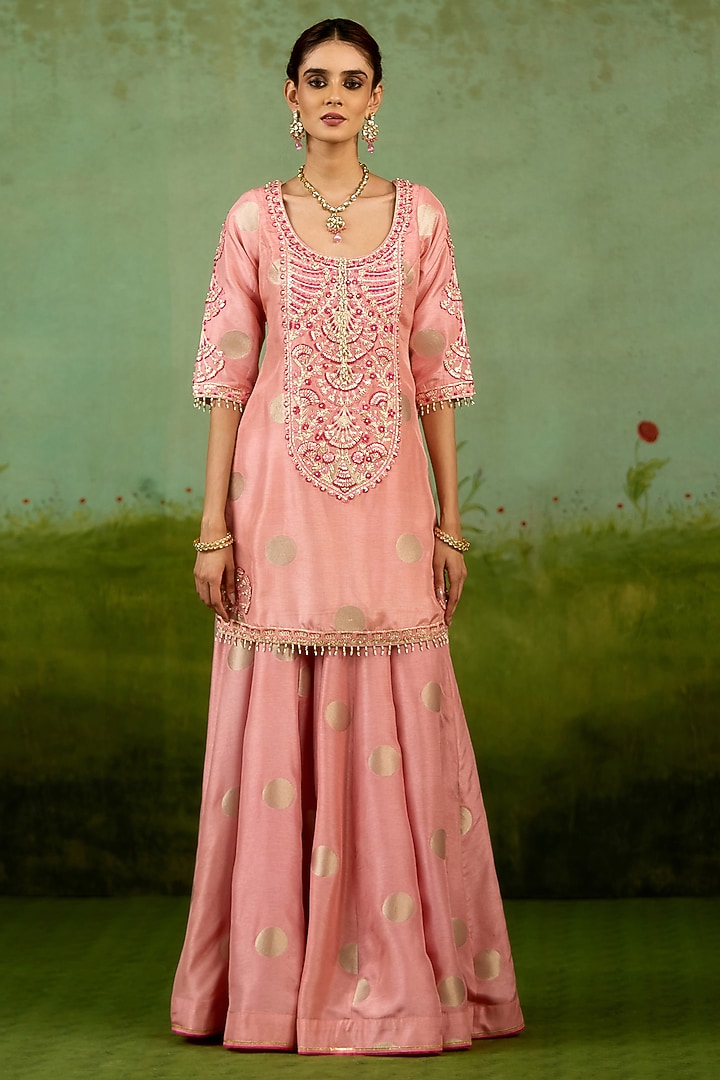 Coral Pink Silk Brocade Wedding Sharara Set by Shyam Narayan Prasad at Pernia's Pop Up Shop
