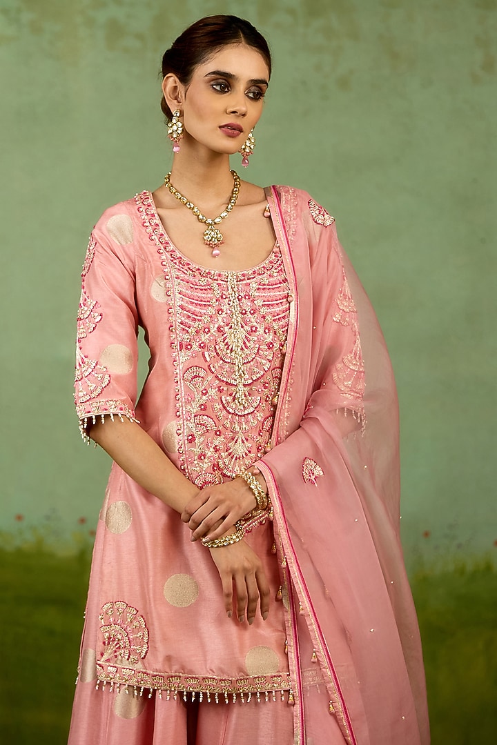 Coral Pink Silk Brocade Wedding Sharara Set by Shyam Narayan Prasad at Pernia's Pop Up Shop