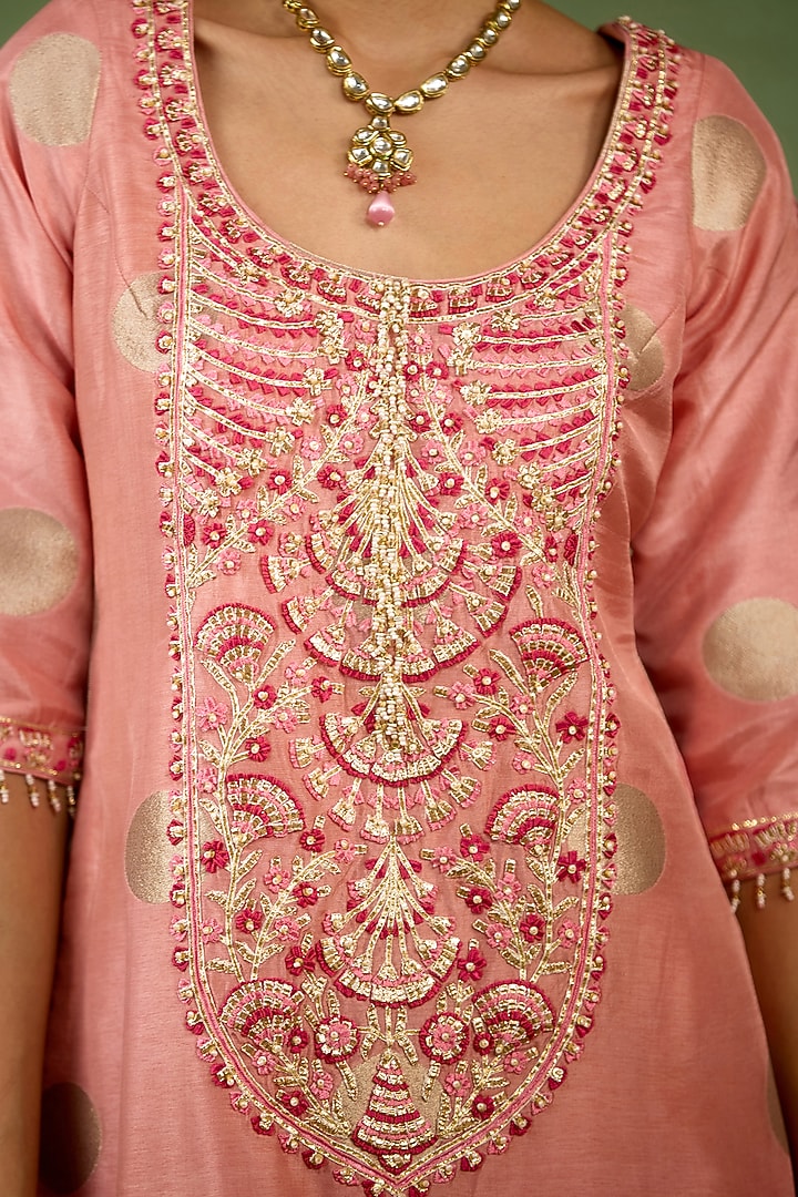 Coral Pink Silk Brocade Wedding Sharara Set by Shyam Narayan Prasad at Pernia's Pop Up Shop