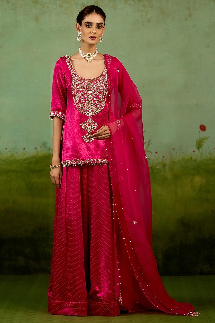 Magenta Pink Mashru Silk Wedding Sharara Set by Shyam Narayan Prasad at Pernia's Pop Up Shop