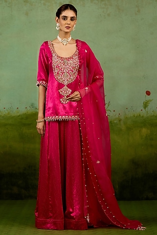 Magenta Pink Mashru Silk Sharara Set by Shyam Narayan Prasad