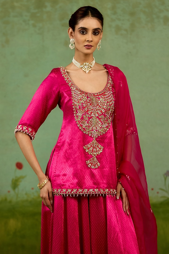Magenta Pink Mashru Silk Wedding Sharara Set by Shyam Narayan Prasad at Pernia's Pop Up Shop