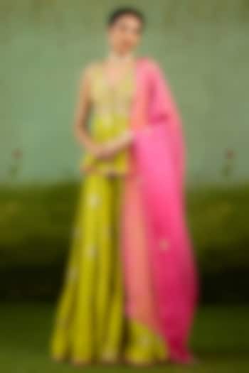 Bright Green Silk Brocade Wedding Sharara Set by Shyam Narayan Prasad at Pernia's Pop Up Shop