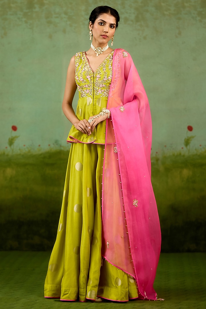 Bright Green Silk Brocade Wedding Sharara Set by Shyam Narayan Prasad at Pernia's Pop Up Shop