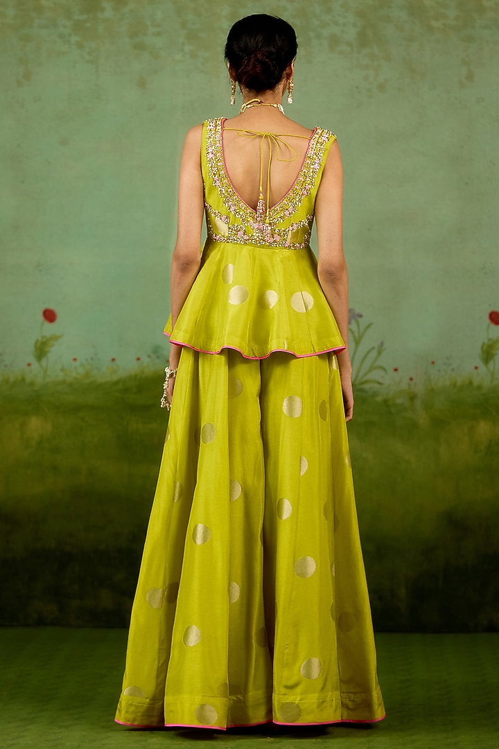 Bright Green Silk Brocade Wedding Sharara Set by Shyam Narayan Prasad at Pernia's Pop Up Shop