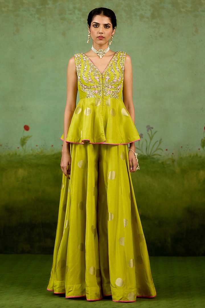 Bright Green Silk Brocade Wedding Sharara Set by Shyam Narayan Prasad at Pernia's Pop Up Shop