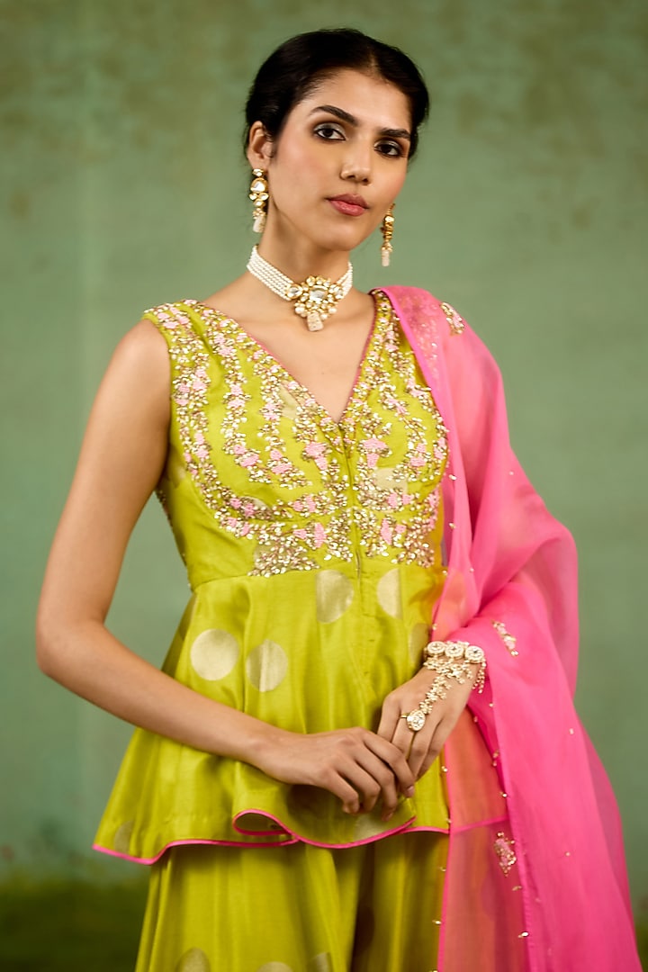 Bright Green Silk Brocade Wedding Sharara Set by Shyam Narayan Prasad at Pernia's Pop Up Shop