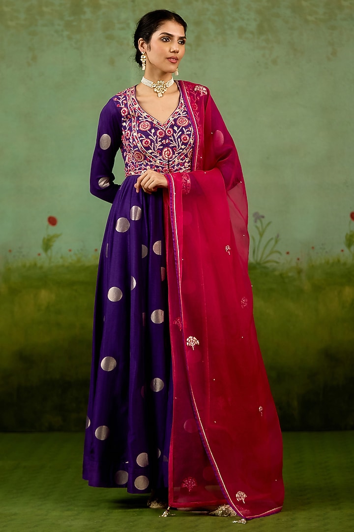Heliotrope Purple Silk Brocade Thread Embroidered Wedding Anarkali Set by Shyam Narayan Prasad at Pernia's Pop Up Shop