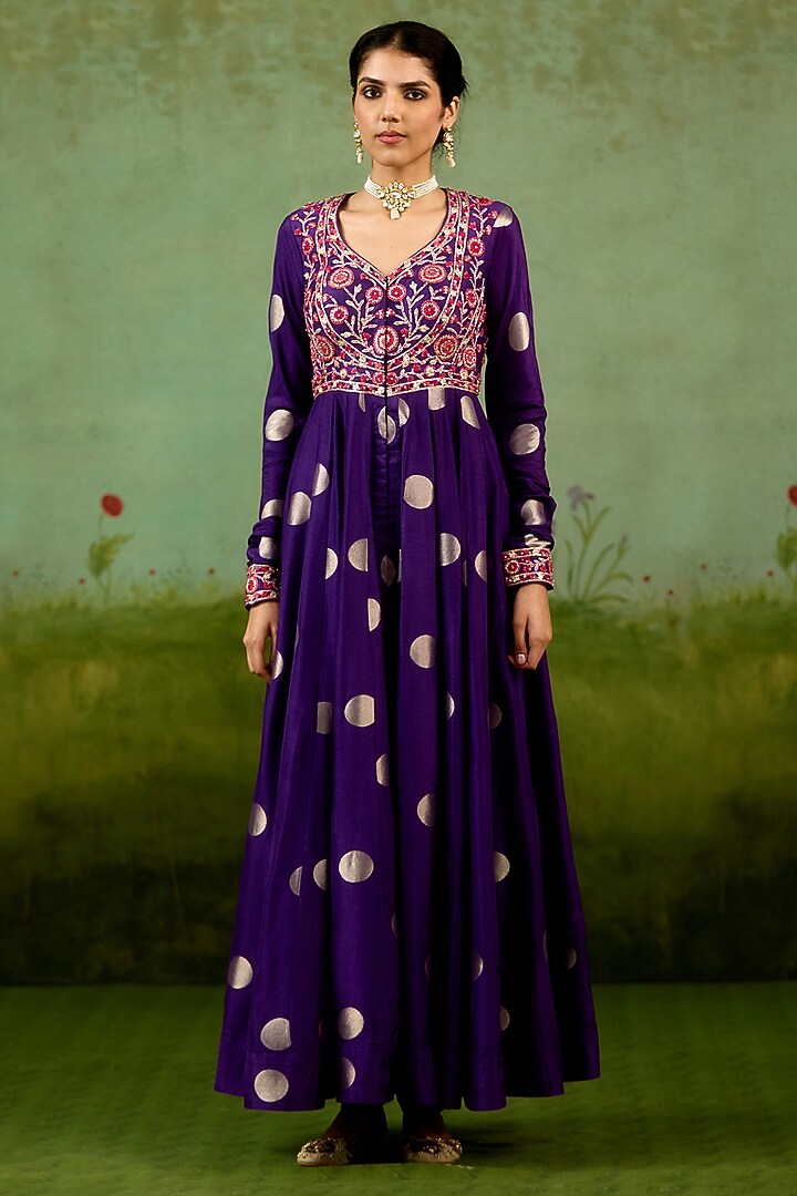 Heliotrope Purple Silk Brocade Thread Embroidered Wedding Anarkali Set by Shyam Narayan Prasad at Pernia's Pop Up Shop