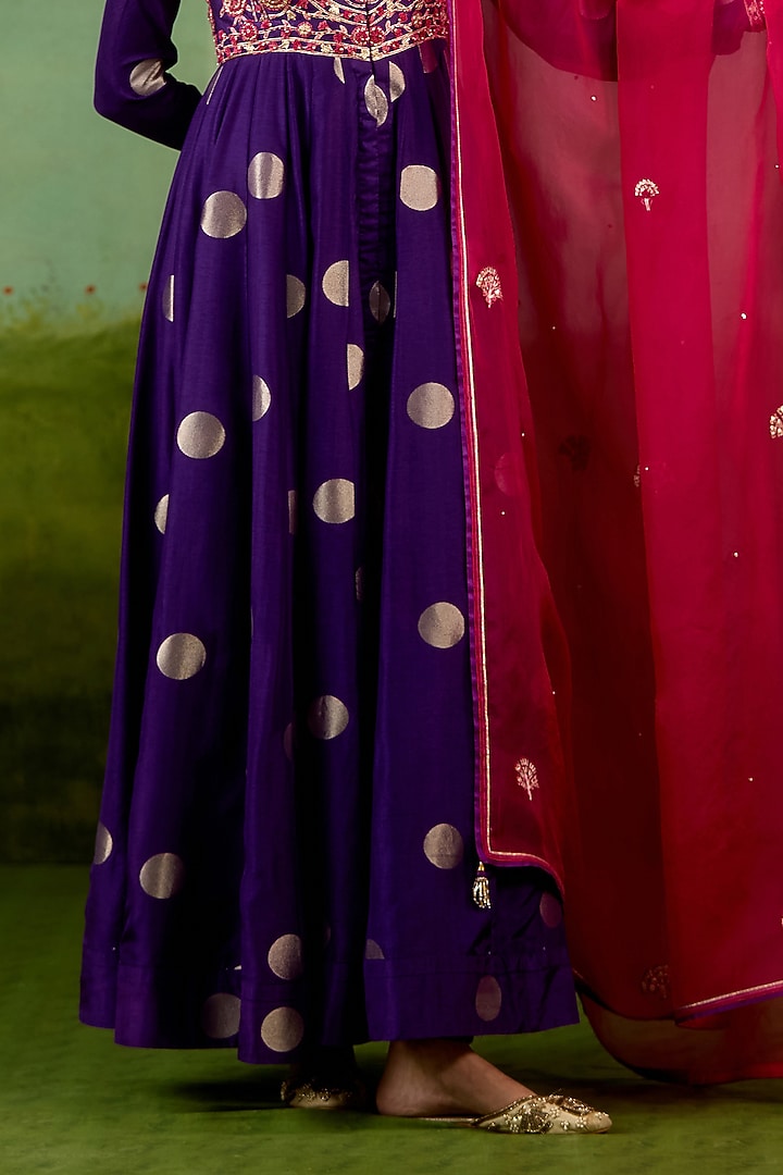 Heliotrope Purple Silk Brocade Thread Embroidered Wedding Anarkali Set by Shyam Narayan Prasad at Pernia's Pop Up Shop
