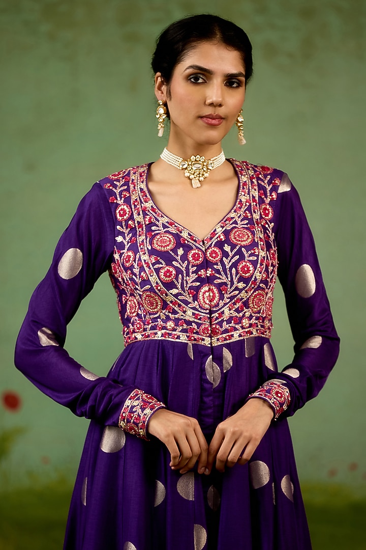 Heliotrope Purple Silk Brocade Thread Embroidered Wedding Anarkali Set by Shyam Narayan Prasad at Pernia's Pop Up Shop