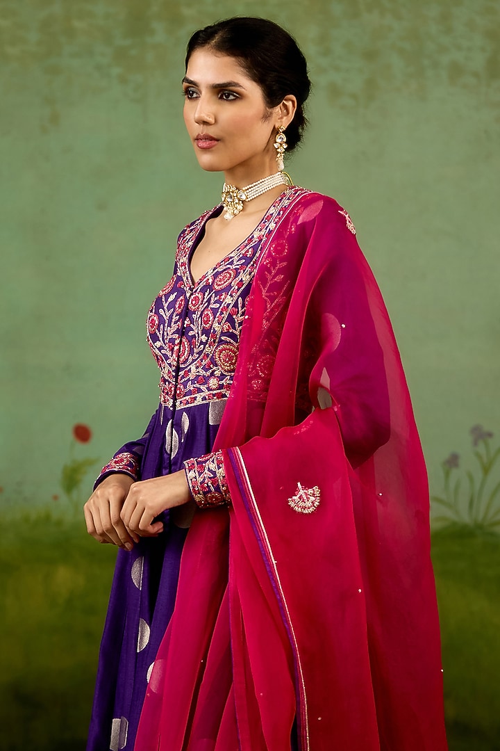 Heliotrope Purple Silk Brocade Thread Embroidered Wedding Anarkali Set by Shyam Narayan Prasad at Pernia's Pop Up Shop