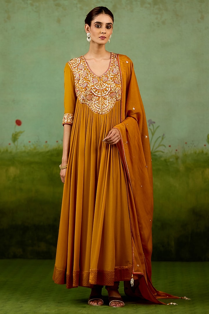 Mustard Yellow Chinon Silk Thread Embroidered Wedding Anarkali Set by Shyam Narayan Prasad at Pernia's Pop Up Shop