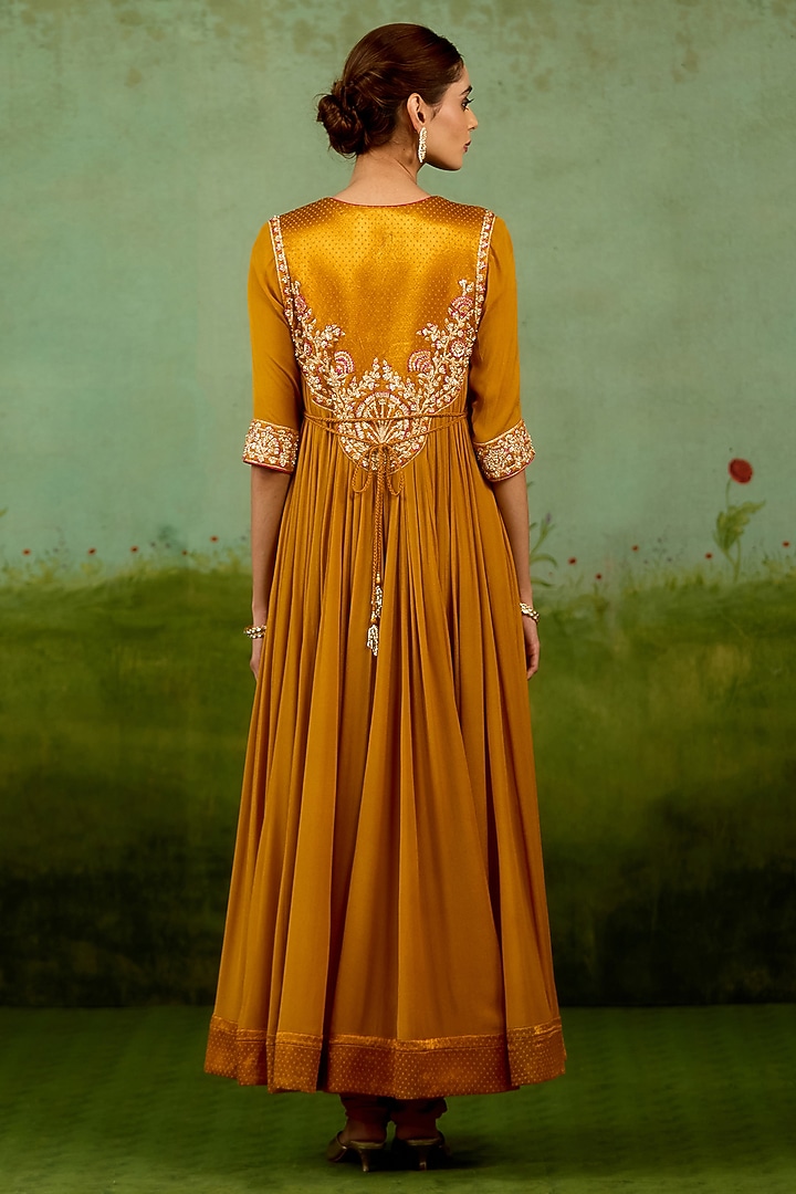 Mustard Yellow Chinon Silk Thread Embroidered Wedding Anarkali Set by Shyam Narayan Prasad at Pernia's Pop Up Shop