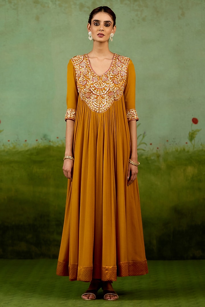 Mustard Yellow Chinon Silk Thread Embroidered Wedding Anarkali Set by Shyam Narayan Prasad at Pernia's Pop Up Shop