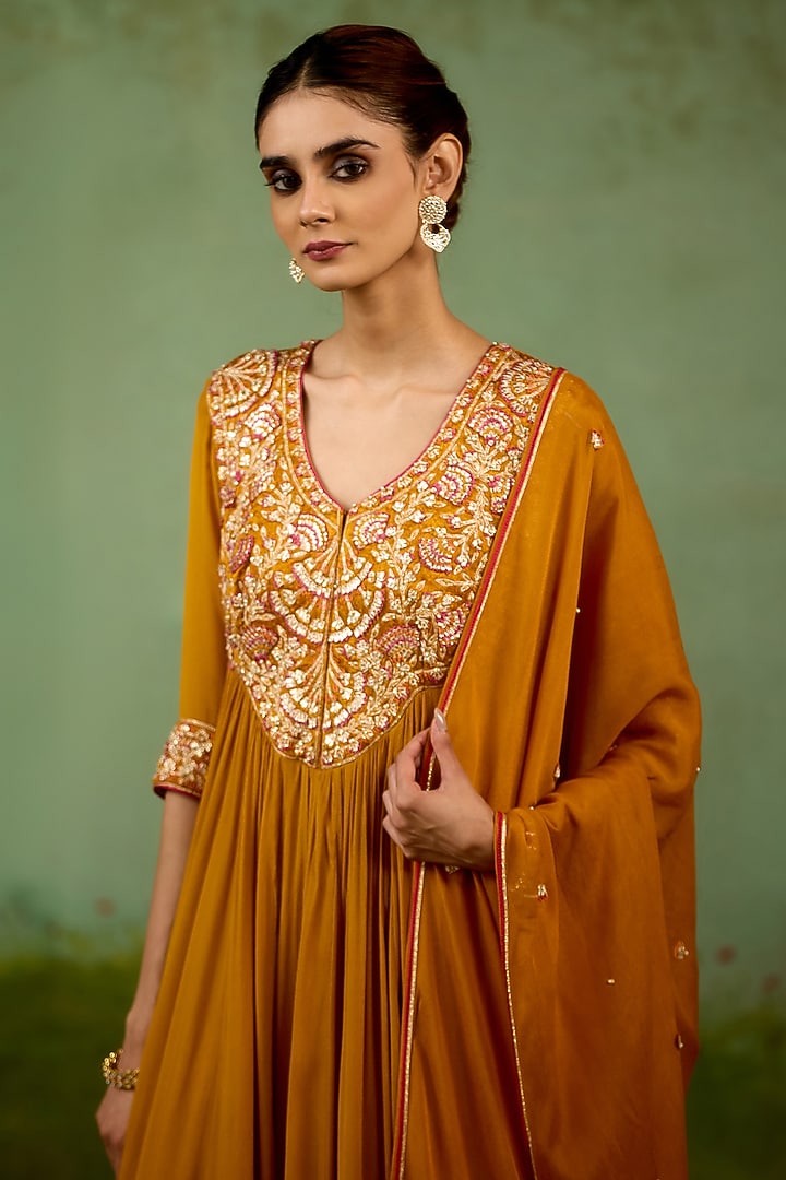 Mustard Yellow Chinon Silk Thread Embroidered Wedding Anarkali Set by Shyam Narayan Prasad at Pernia's Pop Up Shop