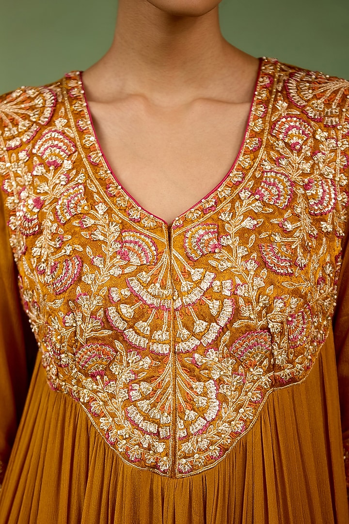Mustard Yellow Chinon Silk Thread Embroidered Wedding Anarkali Set by Shyam Narayan Prasad at Pernia's Pop Up Shop
