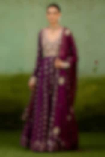 Wine Purple Silk Georgette Hand Embroidered Wedding Anarkali Set by Shyam Narayan Prasad at Pernia's Pop Up Shop