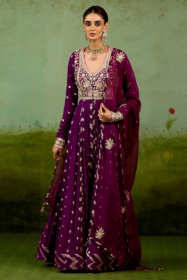 Wine Purple Silk Georgette Hand Embroidered Wedding Anarkali Set by Shyam Narayan Prasad at Pernia's Pop Up Shop