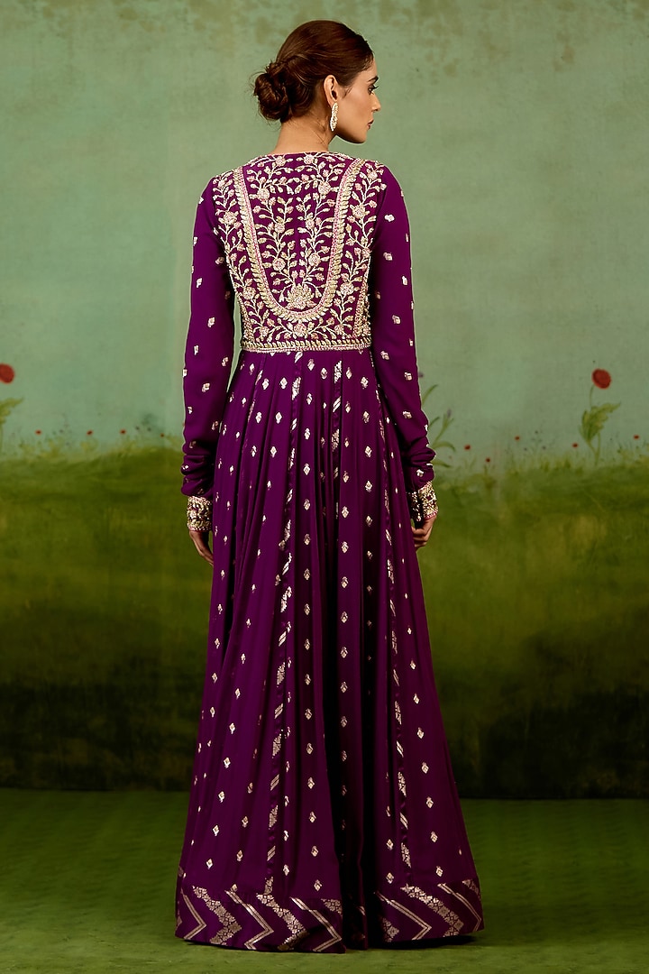 Wine Purple Silk Georgette Hand Embroidered Wedding Anarkali Set by Shyam Narayan Prasad at Pernia's Pop Up Shop