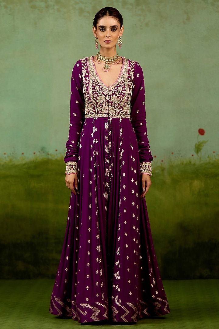 Wine Purple Silk Georgette Hand Embroidered Wedding Anarkali Set by Shyam Narayan Prasad at Pernia's Pop Up Shop