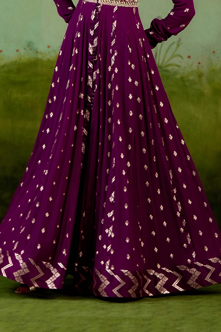 Wine Purple Silk Georgette Hand Embroidered Wedding Anarkali Set by Shyam Narayan Prasad at Pernia's Pop Up Shop