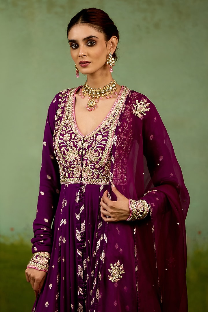 Wine Purple Silk Georgette Hand Embroidered Wedding Anarkali Set by Shyam Narayan Prasad at Pernia's Pop Up Shop