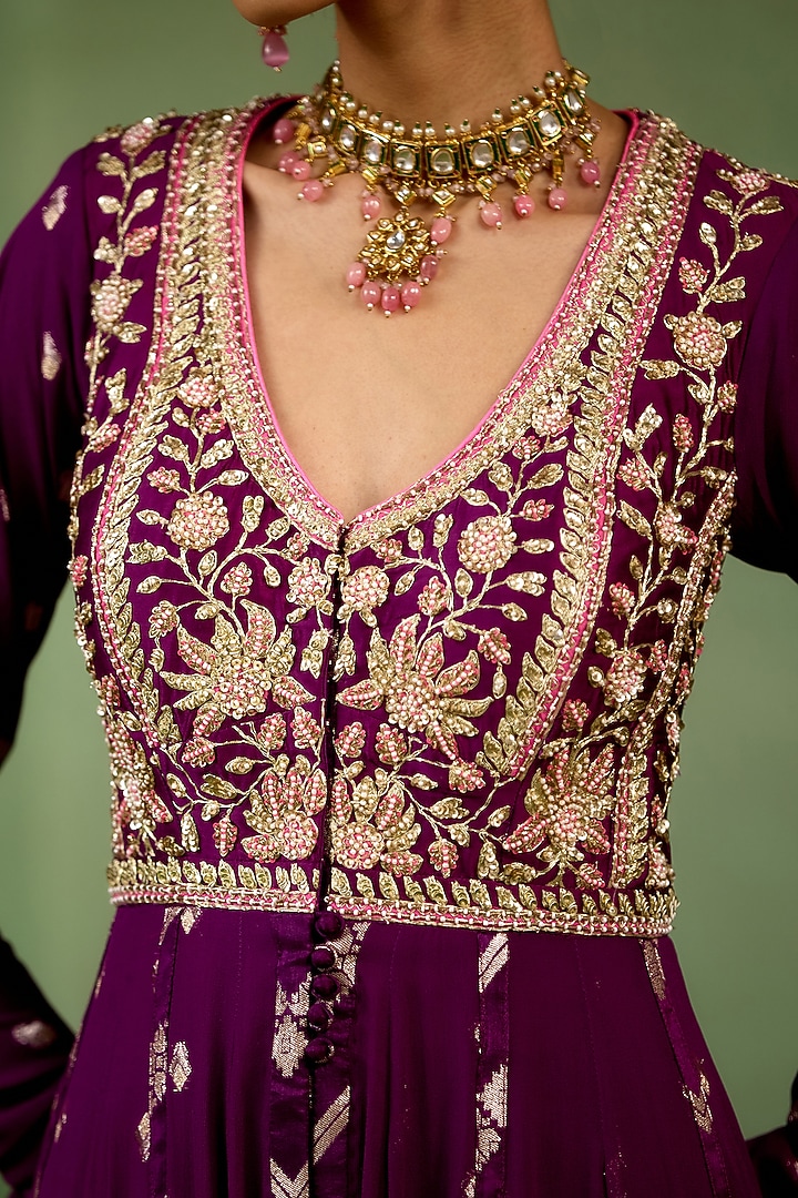 Wine Purple Silk Georgette Hand Embroidered Wedding Anarkali Set by Shyam Narayan Prasad at Pernia's Pop Up Shop