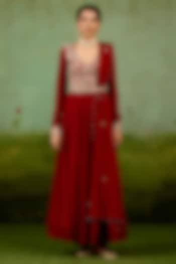 Maroon Chinon Silk Hand Embroidered Wedding Anarkali Set by Shyam Narayan Prasad at Pernia's Pop Up Shop