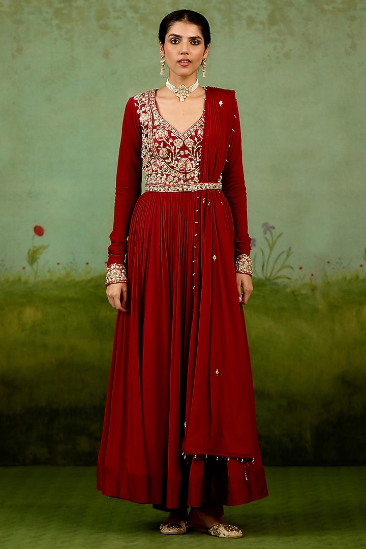 Maroon Chinon Silk Hand Embroidered Wedding Anarkali Set by Shyam Narayan Prasad at Pernia's Pop Up Shop