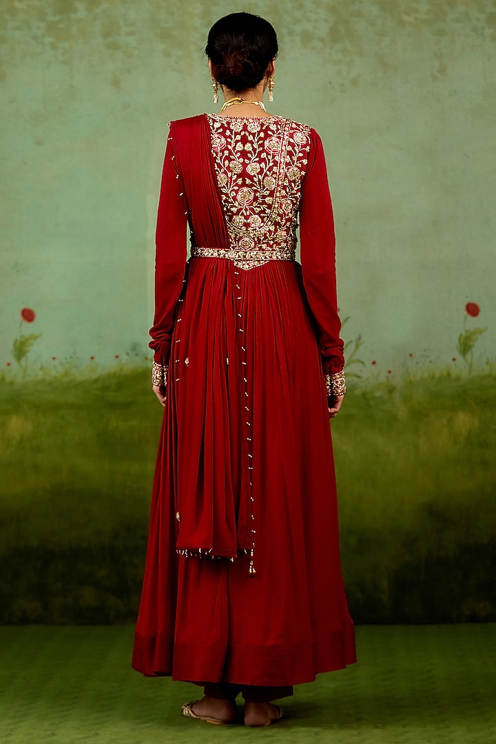 Maroon Chinon Silk Hand Embroidered Wedding Anarkali Set by Shyam Narayan Prasad at Pernia's Pop Up Shop